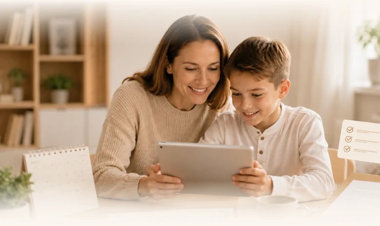 Мама с сыном смотрят результаты аттестации
